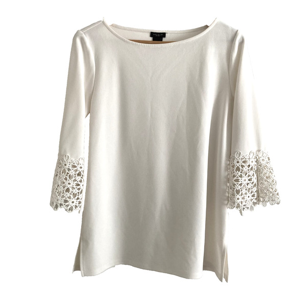 Ann Taylor Factory Tops - Ann Taylor Lace Cuff Bell Sleeve Tunic Crepe Women S Cream Boho Cottagecore
